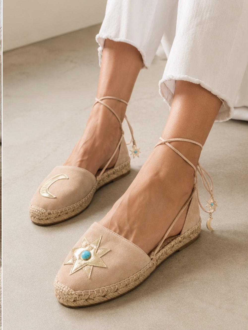 Aquazzura x Poppy Delevingne star/moon espadrille in beige suede